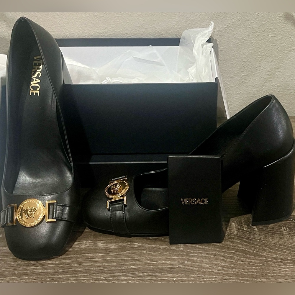 Versace Black Heels with Gold Medallion